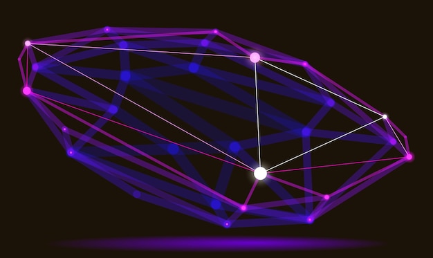 抽象的な3dメッシュ形状ベクトル図、線技術多角形オブジェクト、動的技術および科学格子に接続されたドット、現実的な被写界深度効果。