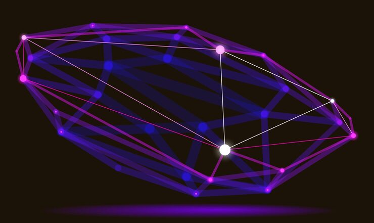 Vector abstract 3d mesh shape vector illustration, dots connected with lines technology polygonal object, dynamic tech and science lattice, with realistic depth of field effect.