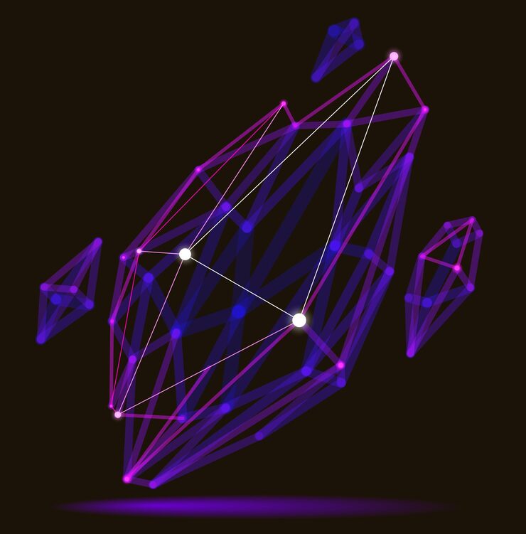 Vector abstract 3d mesh shape vector illustration, dots connected with lines technology polygonal object, dynamic tech and science lattice, with realistic depth of field effect.