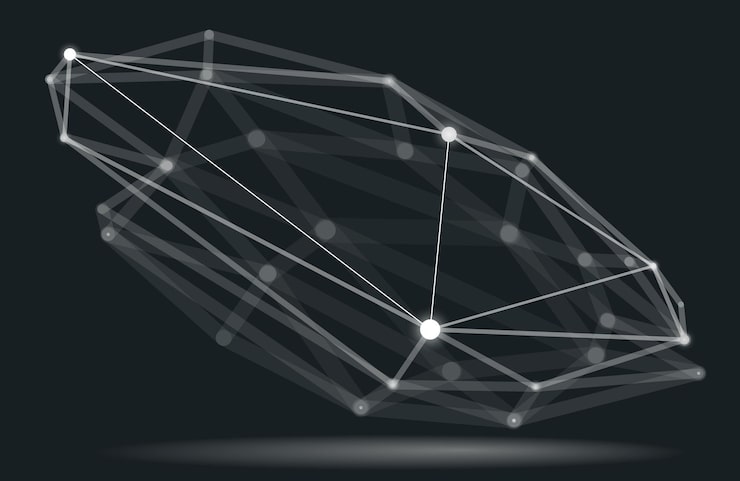 Vector abstract 3d mesh shape vector illustration, dots connected with lines technology polygonal object, dynamic tech and science lattice, with realistic depth of field effect.