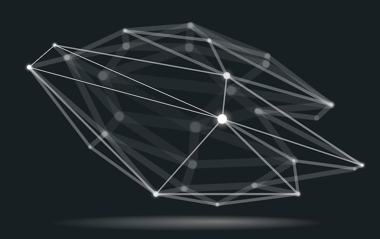 Vector 추상 3d 메쉬 모양 벡터 그림, 선 기술 다각형 개체, 동적 기술 및 과학 격자와 연결된 점, 실제 필드 효과 깊이.