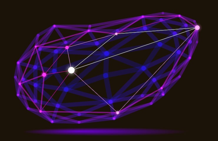 Вектор абстрактная 3d сетчатая векторная иллюстрация точки, соединенные линиями технология многоугольный объект динамическая технология и наука решетка с реалистичным эффектом глубины поля