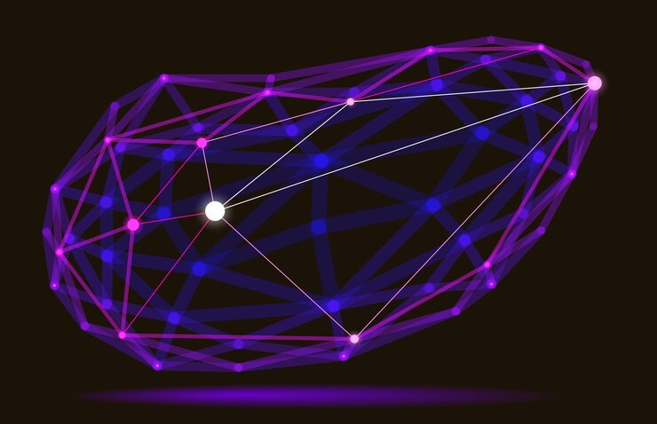 Vector abstract 3d mesh shape vector illustration dots connected with lines technology polygonal object dynamic tech and science lattice with realistic depth of field effect