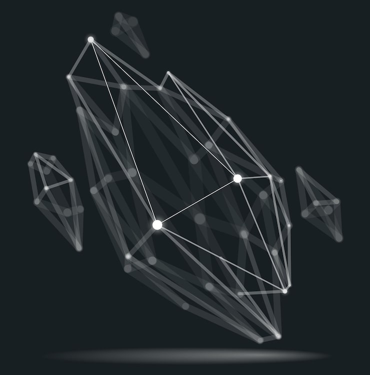 Vector 추상적인 3d 메쉬 모양 터 일러스트레이션: 선으로 연결된 점 기술 다각형 객체 다이내 기술 및 과학 망과 현실적인 필드 깊이 효과