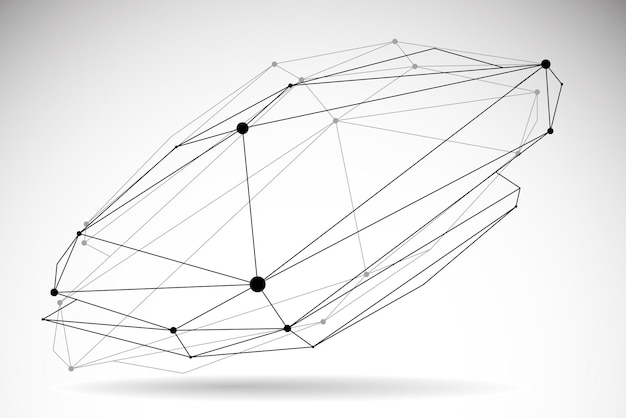 Абстрактная трехмерная векторная иллюстрация формы сетки, точки, связанные с линиями, технологическими полигональными объектами, изолированными на белом фоне, динамической технологической и научной решеткой.
