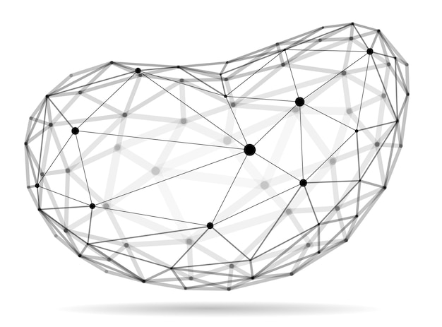 Абстрактная трехмерная векторная иллюстрация формы сетки, точки, соединенные с многоугольным объектом технологии линий, выделенным на белом фоне, динамическая решетка с реалистичным эффектом глубины резкости.