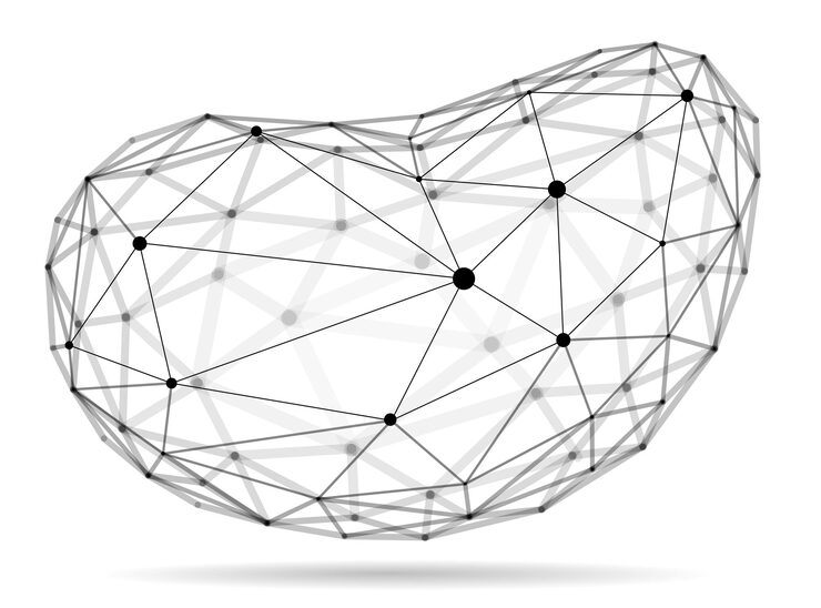 Вектор абстрактная трехмерная векторная иллюстрация формы сетки, точки, соединенные с многоугольным объектом технологии линий, выделенным на белом фоне, динамическая решетка с реалистичным эффектом глубины резкости.