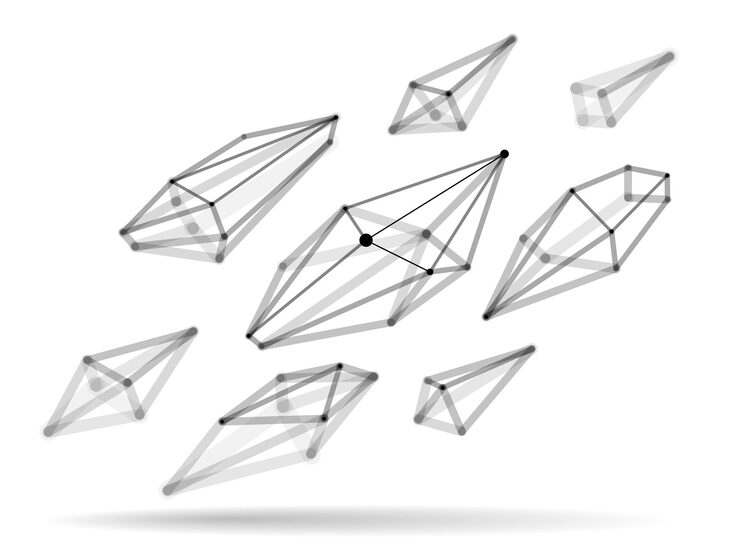 Vector 추상적인 3d 메쉬 모양 터 일러스트레이션: 선 기술로 연결된 점, 색 배경에 고립된 다각형 객체, 현실적인 필드 깊이 효과를 가진 동적 격자