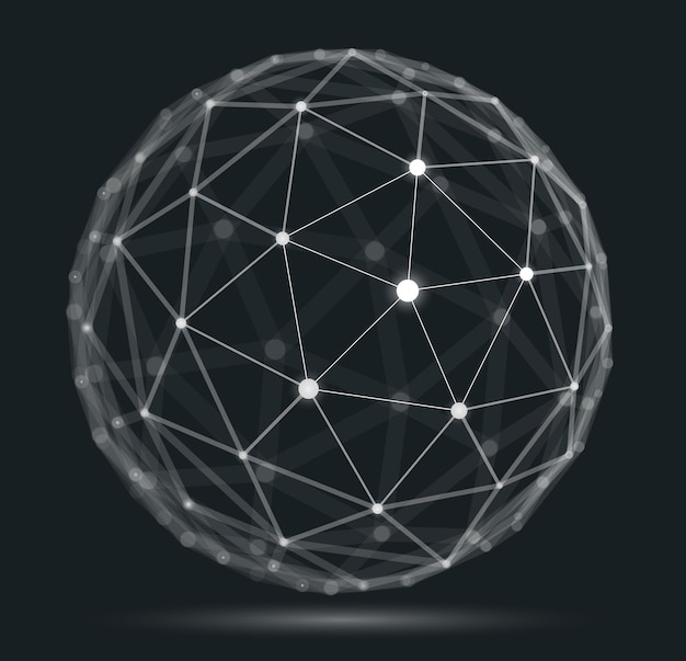 Abstract 3d mesh sphere vector illustration, dots connected with lines technology polygonal object, dynamic tech and science lattice, with realistic depth of field effect.