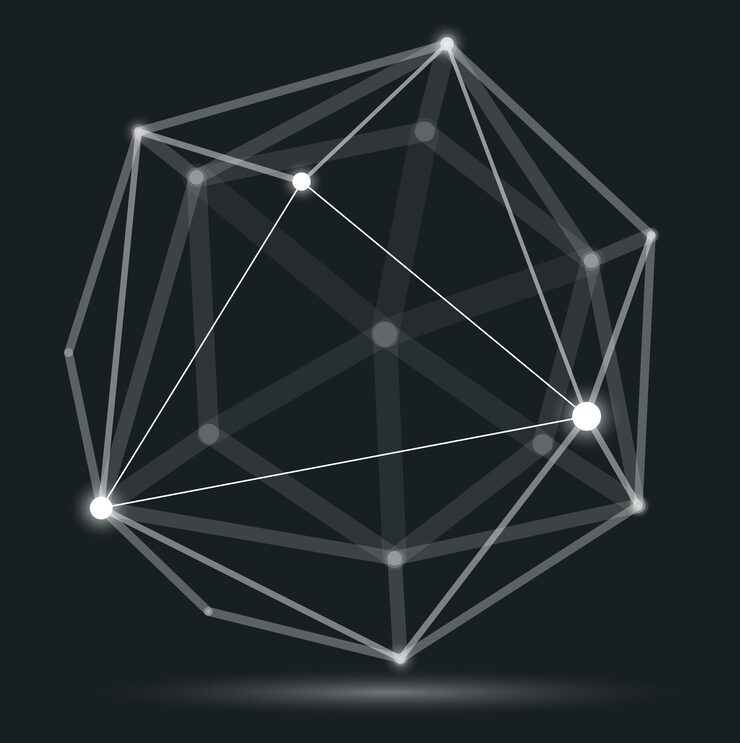 Vector 抽象的3d網狀球體向量插圖,點與線路技術多角形物體,動態科技和科學格子相連,具有真實的深度場效應.