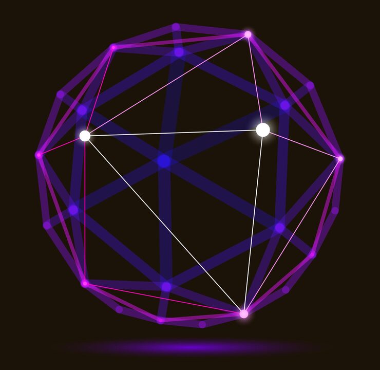 Vector abstract 3d mesh sphere vector illustration, dots connected with lines technology polygonal object, dynamic tech and science lattice, with realistic depth of field effect.