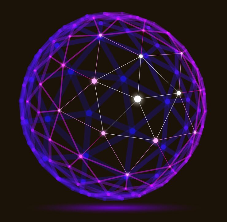 Vector abstract 3d mesh sphere vector illustration, dots connected with lines technology polygonal object, dynamic tech and science lattice, with realistic depth of field effect.