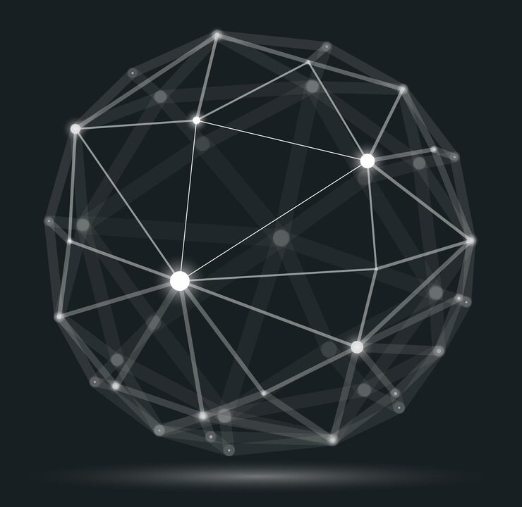 Вектор абстрактная 3d сетчатая сферическая векторная иллюстрация точки, соединенные линиями технология многоугольный объект динамическая технология и наука решетка с реалистичным эффектом глубины поля