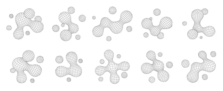 Vector abstract 3d metaball wireframe shapes geometric mesh liquid blobs connected cell form grid structures and polygonal digital molecule forms futuristic metaballs vector set with editable stroke path