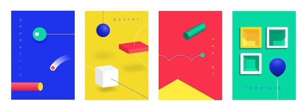 Abstract 3D posters. Isometric futuristic technology banners with geometric gradient shapes. Vector illustration trendy modern design backdrop with vibrant colors