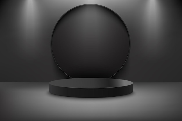 Vector abstract 3d realistisch zwart leeg rond podium met ronde backstage en lampverlichting