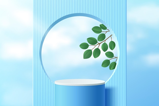 Abstract 3D room and realistic blue cylinder stand podium with blue sky partition and green leaves