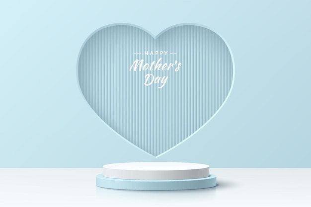 Abstract 3D room with realistic blue white cylinder mockup podium and heart shape mother day scene