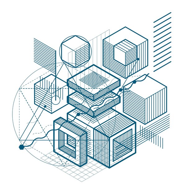 Abstract 3d shapes composition, vector isometric background. Composition of cubes, hexagons, squares, rectangles and different abstract elements.