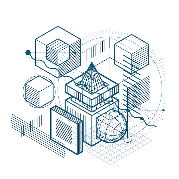 抽象的な3D形状の構成、ベクトル等角投影の背景。立方体、六角形、正方形、長方形、およびさまざまな抽象的な要素の構成。