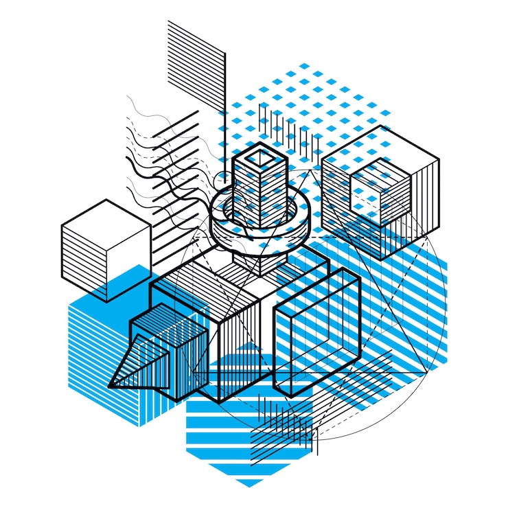 Vector abstract 3d shapes composition, vector isometric background. composition of cubes, hexagons, squares, rectangles and different abstract elements.