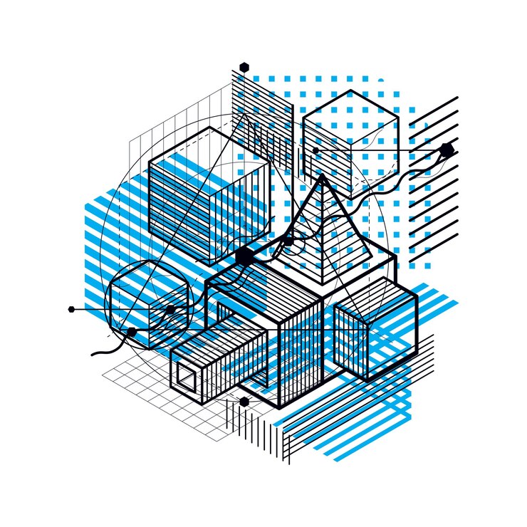 Vector abstract 3d shapes composition, vector isometric background. composition of cubes, hexagons, squares, rectangles and different abstract elements.