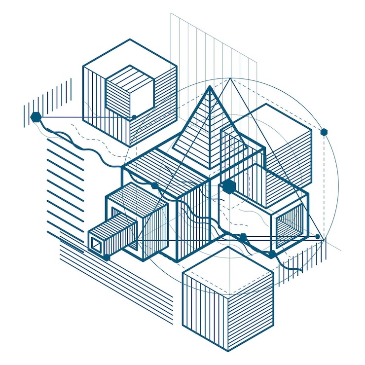Vector abstract 3d shapes composition, vector isometric background. composition of cubes, hexagons, squares, rectangles and different abstract elements.