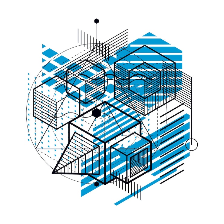 Vector abstract 3d shapes composition, vector isometric background. composition of cubes, hexagons, squares, rectangles and different abstract elements.