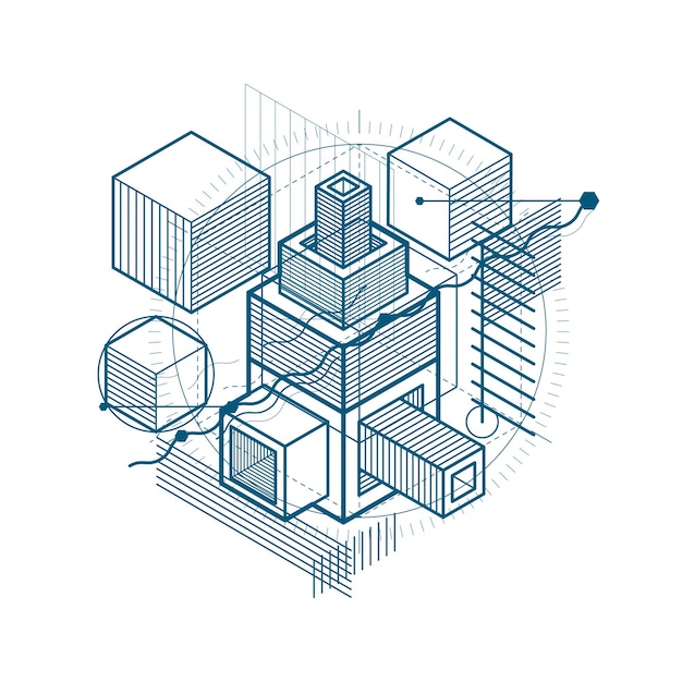 Abstract 3d shapes composition, vector isometric background. Composition of cubes, hexagons, squares, rectangles and different abstract elements.