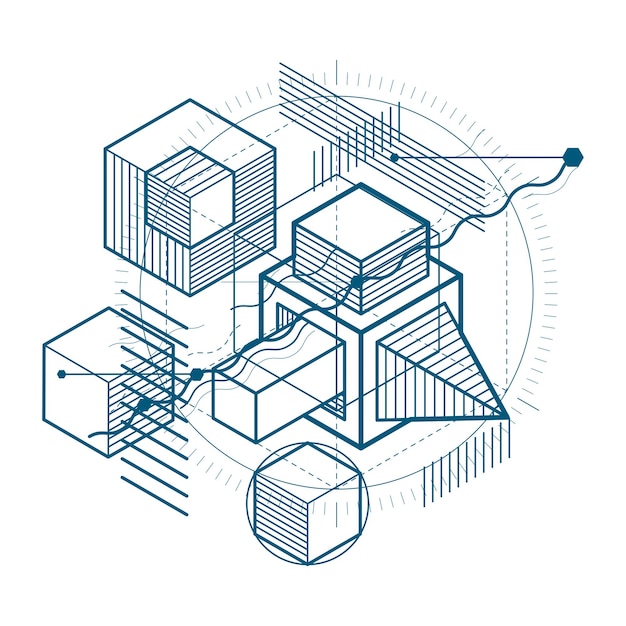 Abstract 3d shapes composition, vector isometric background. Composition of cubes, hexagons, squares, rectangles and different abstract elements.