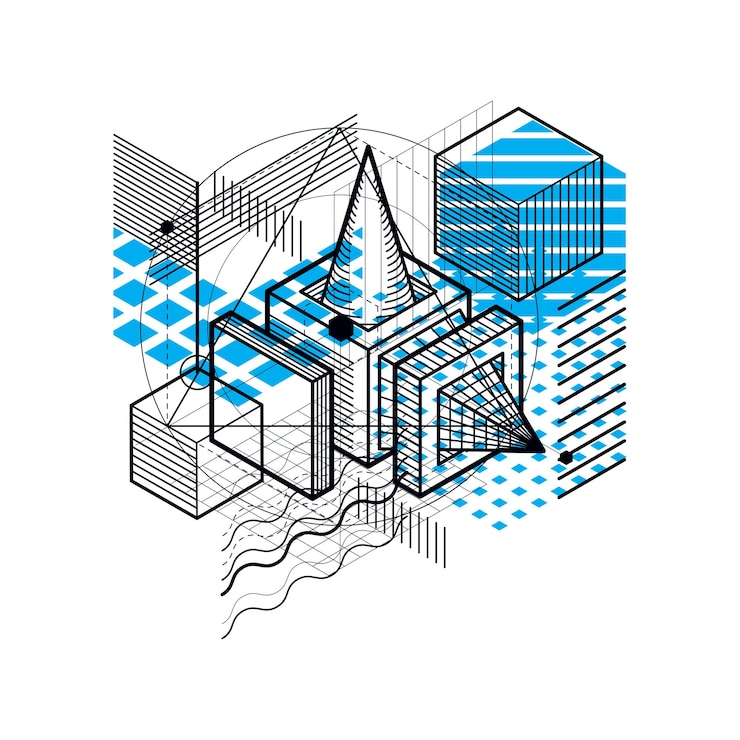 Vector abstract 3d shapes composition, vector isometric background. composition of cubes, hexagons, squares, rectangles and different abstract elements.