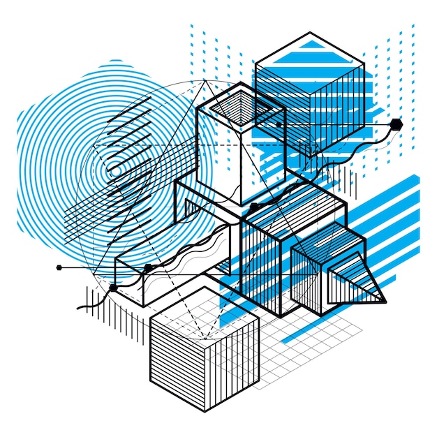Абстрактная трехмерная композиция фигур, векторный изометрический фон. Композиция из кубов, шестиугольников, квадратов, прямоугольников и различных абстрактных элементов.