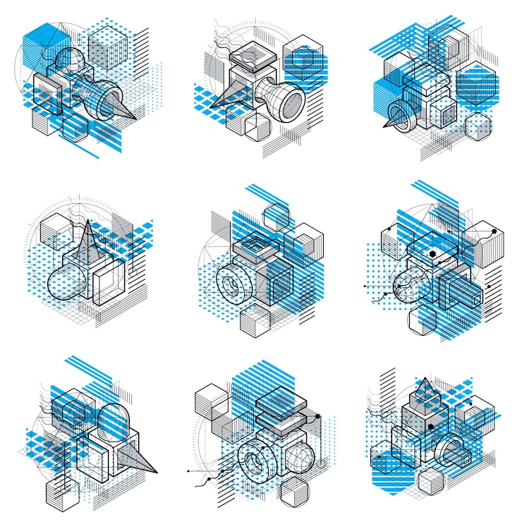 Vector abstract 3d shapes compositions, vector isometric backgrounds. compositions of cubes, hexagons, squares, rectangles and different abstract elements. vector collection.