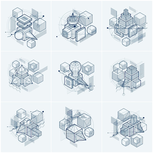 Abstract 3d shapes compositions, vector isometric backgrounds. Compositions of cubes, hexagons, squares, rectangles and different abstract elements. Vector collection.