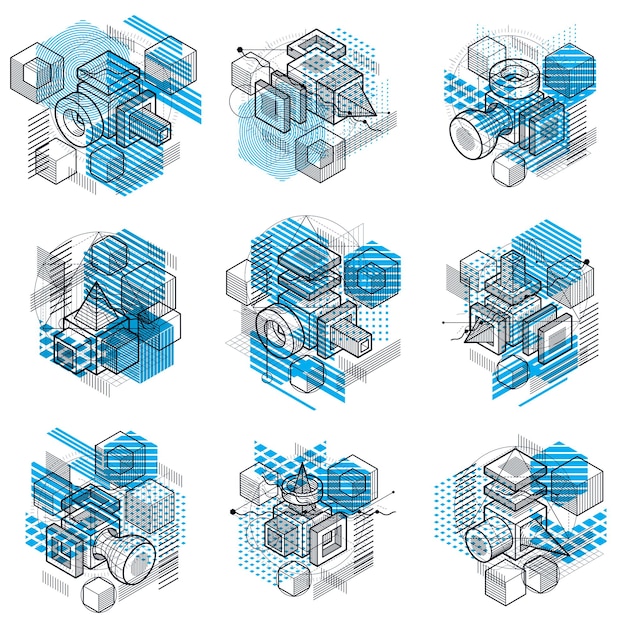 Vector abstract 3d shapes compositions, vector isometric backgrounds. compositions of cubes, hexagons, squares, rectangles and different abstract elements. vector collection.