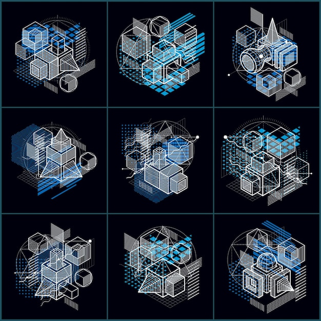 Вектор Абстрактные трехмерные композиции фигур, векторные изометрические фоны. композиции из кубов, шестиугольников, квадратов, прямоугольников и различных абстрактных элементов. векторная коллекция.