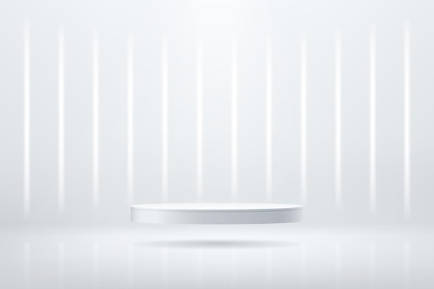 абстрактный 3d серебряный цилиндрический пьедестал подиум с вертикальной светящейся неоновой подсветкой