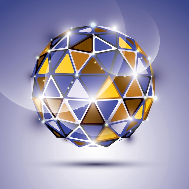 Abstract 3D vivid gala sphere with gemstone effect, twinkle orb created from triangles, eps10, violet background.