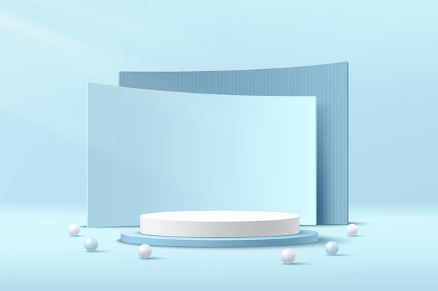 Abstract 3d white blue cylinder pedestal podium with curve geometric backdrop and sphere ball