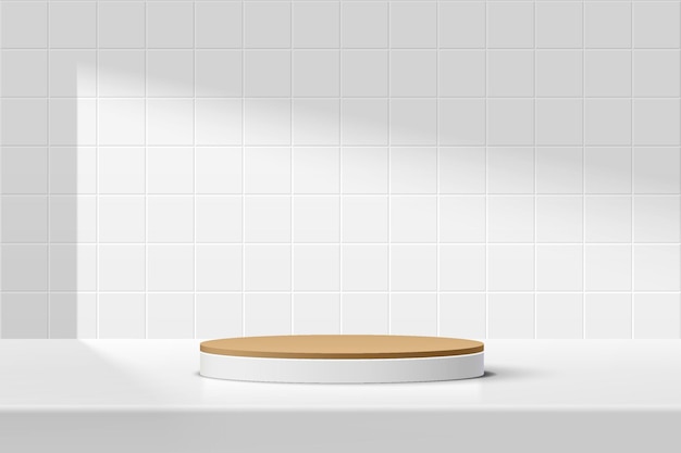 abstract 3d white brown cylinder pedestal podium on the table with white square tile wall scene