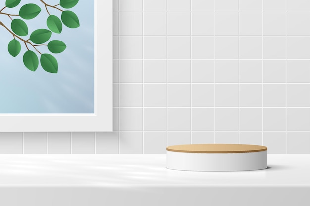 Vector abstract 3d white cylinder pedestal podium with leaf in window on white tile pattern wall scene