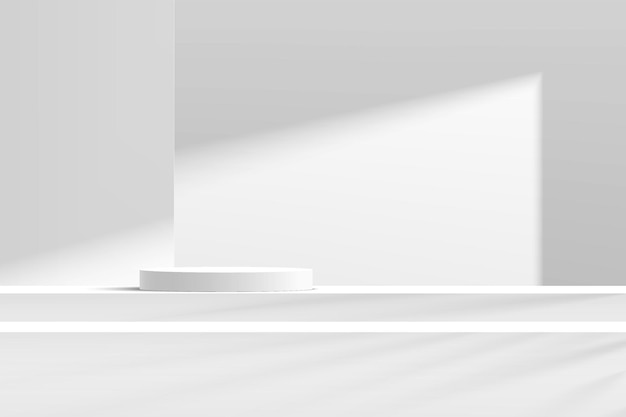 Vector abstract 3d white and gray cylinder pedestal podium on steps table with white wall scene in shadow