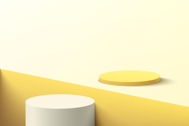 Abstract 3D white and yellow cylinder pedestal podium on light yellow floor and square groove