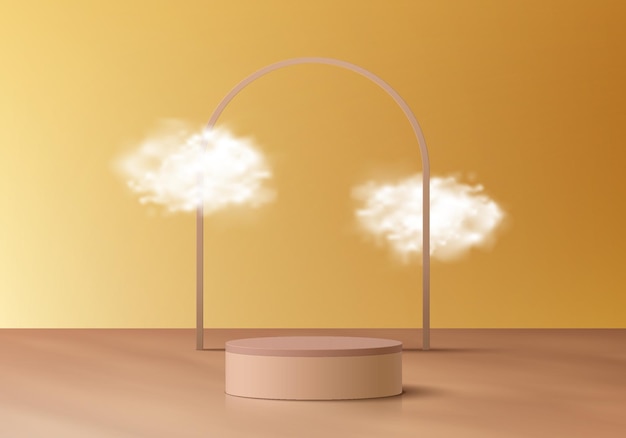 Vector abstract 3d yellow background with realistic beige cylinder pedestal podium white cloud flying scene