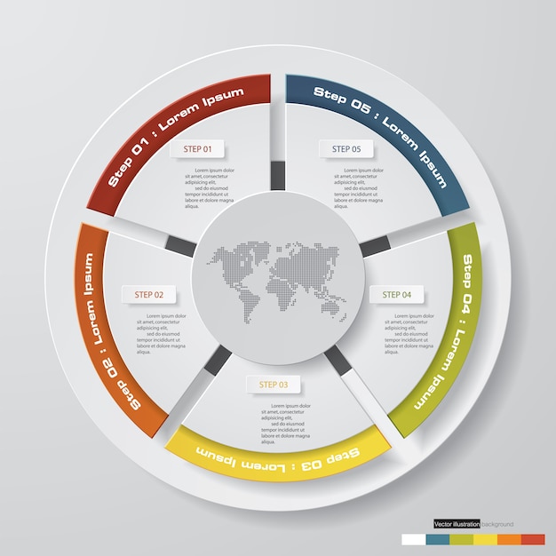抽象的な5ステップの最新の円グラフのinfographics要素
