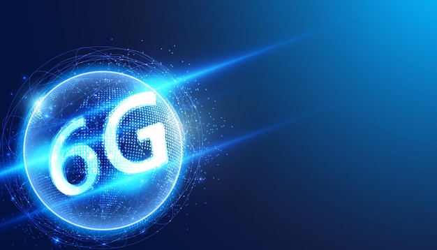 추상 6G 글로벌 도트 네트워크 연결 및 파란색 배경의 미래형 통신