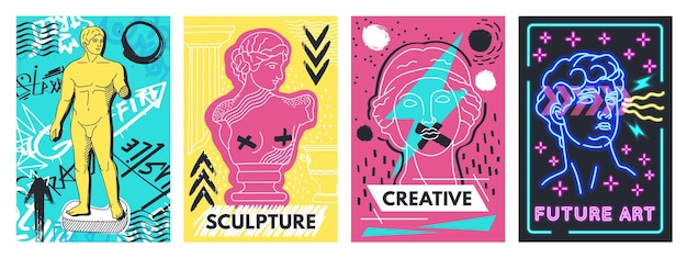 Abstract acid psychedelic poster with greek sculpture and graffiti creative neon prints with ancient statue crazy street design vector set