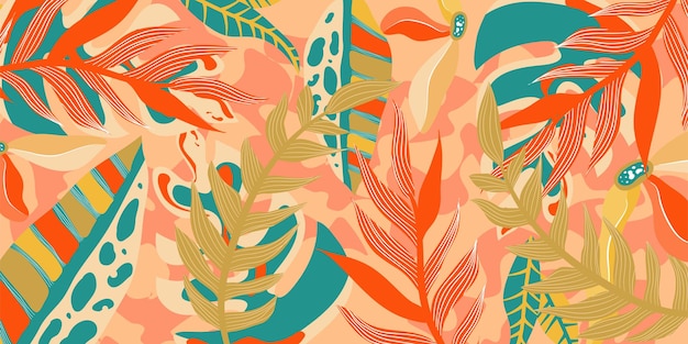 Abstract aesthetic background boho jungle with tropical leaves Boho jungle in modern style Ethnic leaf floral background art Contemporary hand drawn flat design Abstract tropical art