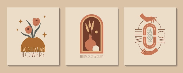 손 꽃병 테라코타와 식물이 있는 추상적인 미적 삽화와 보헤미안 포스터