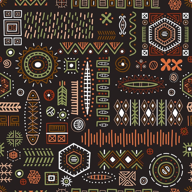 抽象的なアフリカの形のシームレスな背景部族の幾何学的な装飾パターン